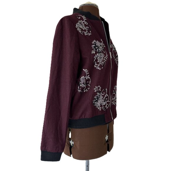 Maroon Wool Blend Sequin Trimmed Bomber Jacket - Picture 4 of 8